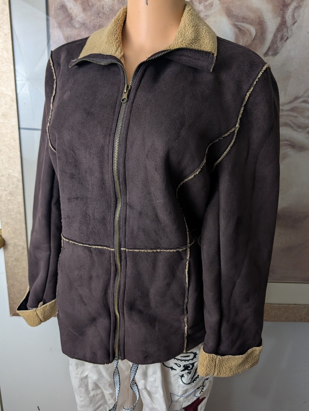 Vintage Fuda New York Sherpa Jacket Chocolate Exposed Seam Western Boho Size M